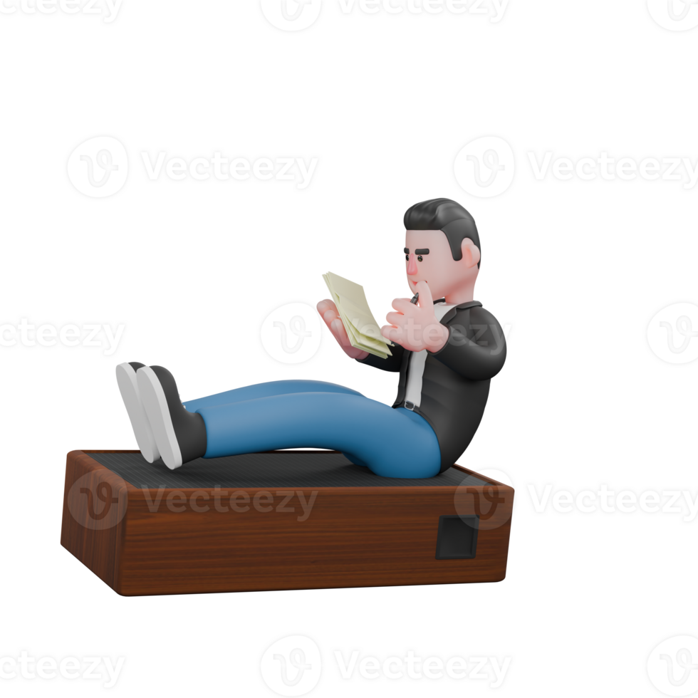 3D Character of Music Performer. a musician sits on a speaker holding a notebook in his hand, with a serious expression. Animated Musician png
