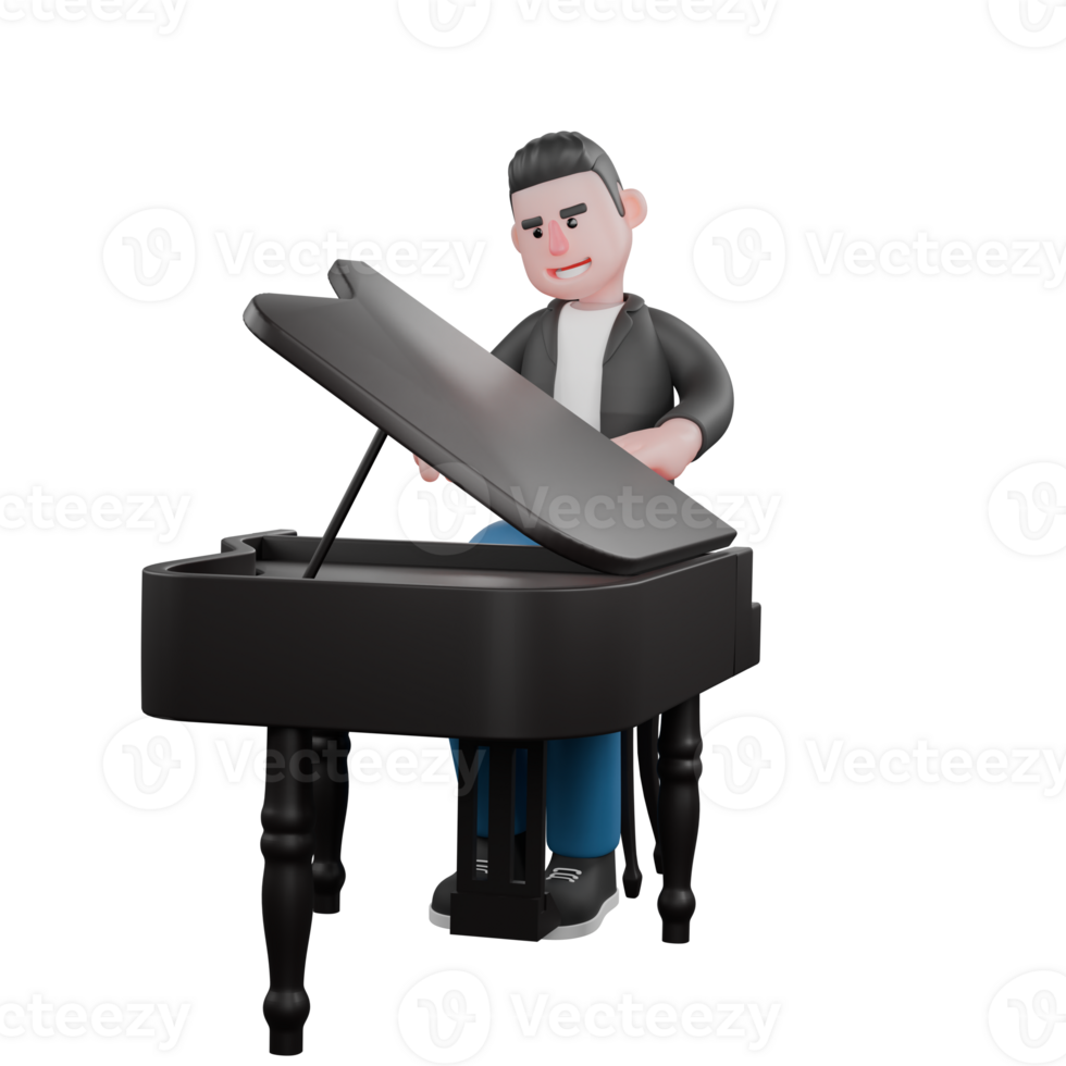 3D Cartoon Music Star Character. a musician sits behind a piano with a gesture of playing the piano, a happy expression. Singing Talent png