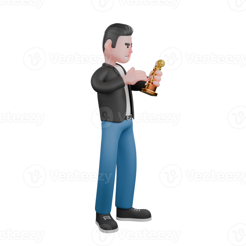 3D Character of Singing Musician. A male musician stands holding a trophy in his hand with a happy expression. Vocal Artist png