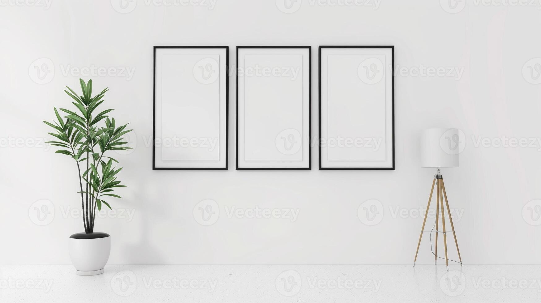 An office interior with modern design, featuring a blank poster on a wall, a plant, chair, and large windows overlooking a city. photo