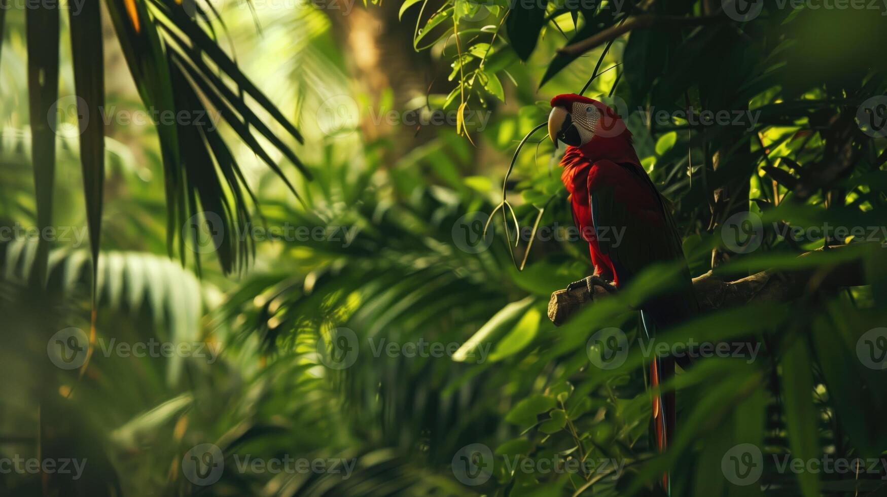 Red parrot in the jungle. Macaw parrot flies in dark green vegetation. Red bird in the forest photo