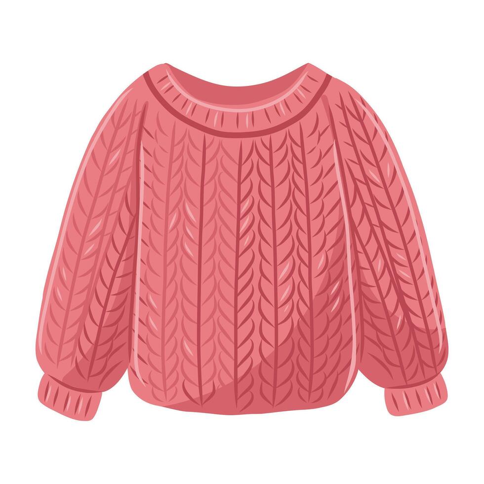 illustration of knitted pink sweater. Woolen women's knitted clothes. Pink pullover on white background. vector