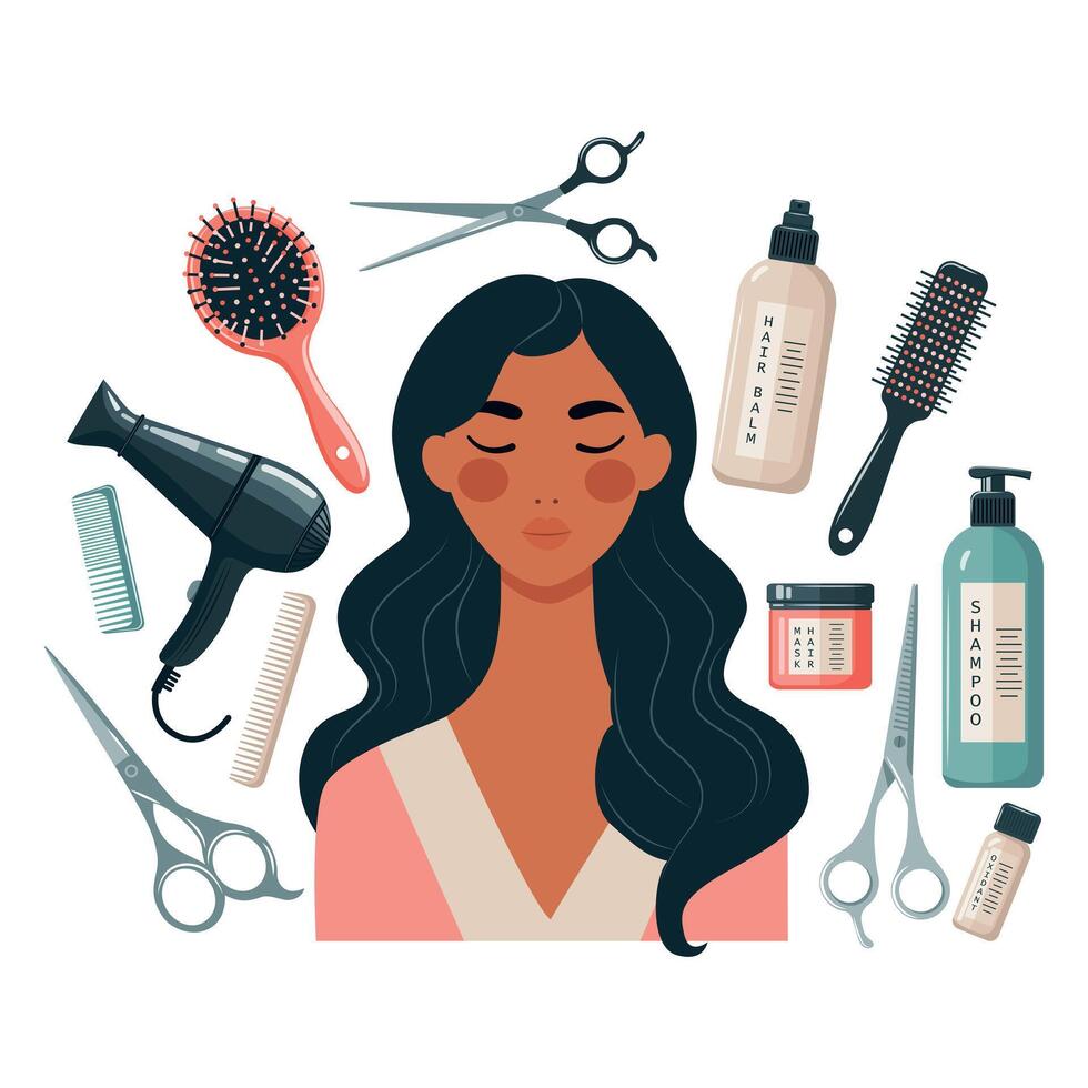 Image of a young woman surrounded by hairdressing tools. Concept of beauty and care for your appearance. vector