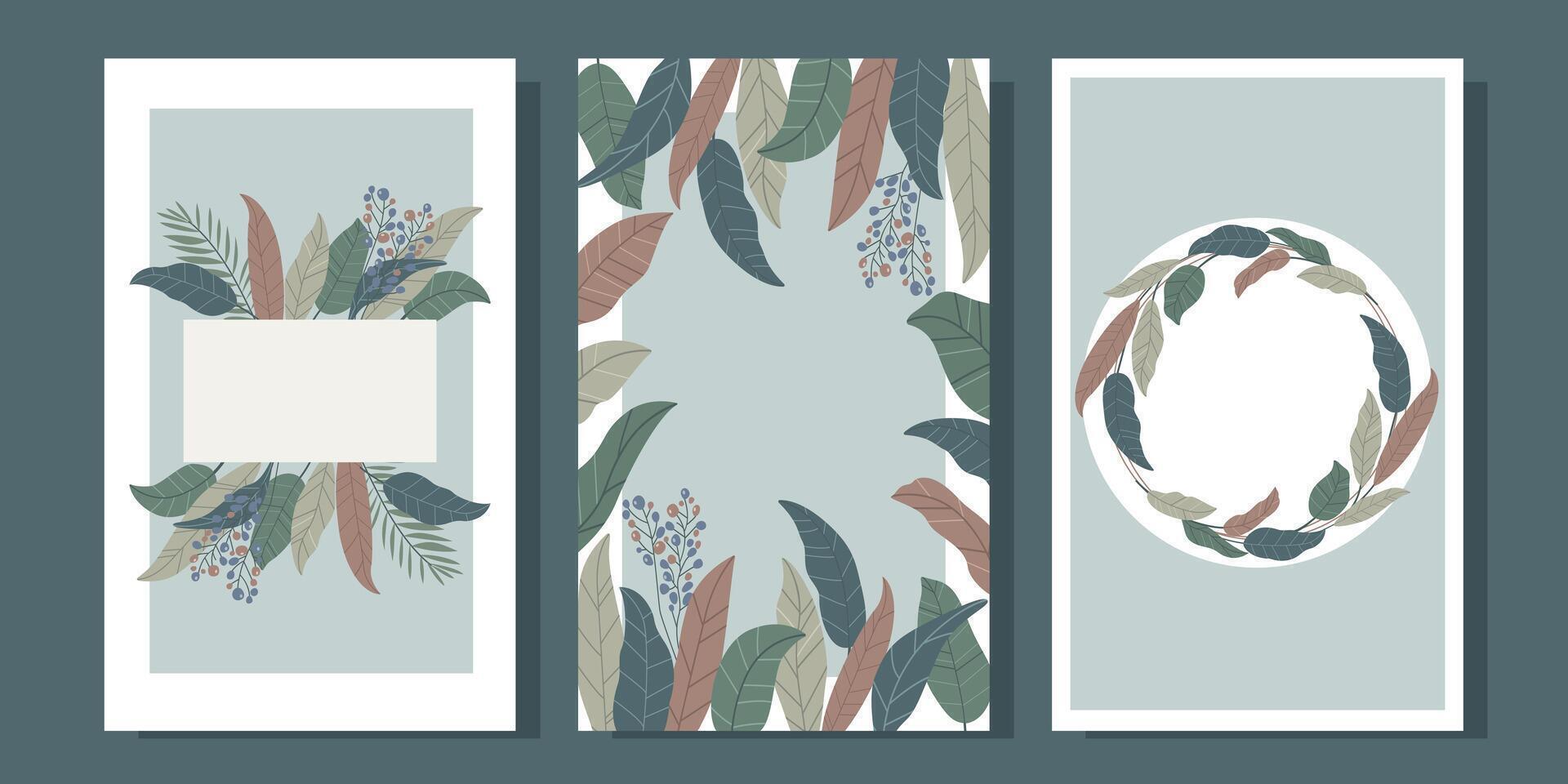 Set of three postcards with stylized leaves in boho style. vector