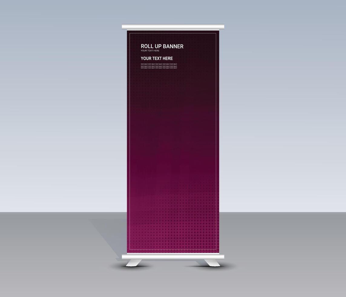 Roll up banner stand with purple background vector
