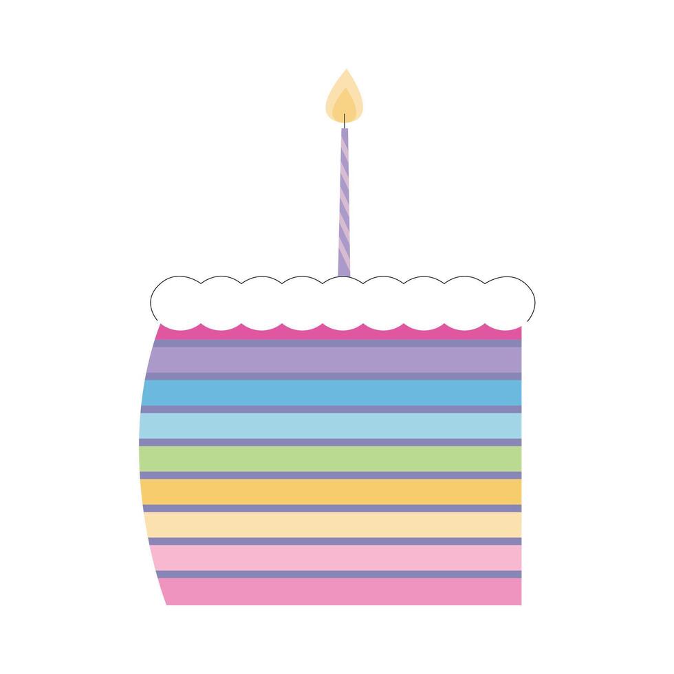 Rainbow slice of cake with white icing and one candle on white background vector