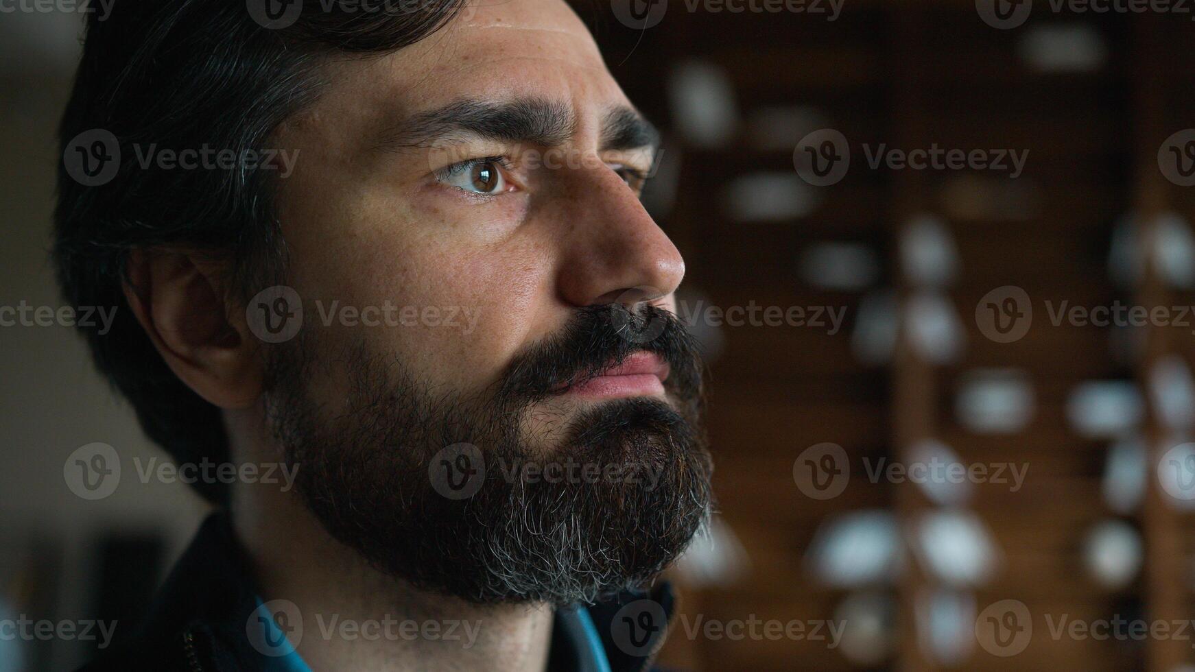 Close up thoughtful sad depressed Caucasian mature businessman man male guy worker employee looking distance upset expression thinking business loss solution indoors. Depression mental health problems photo