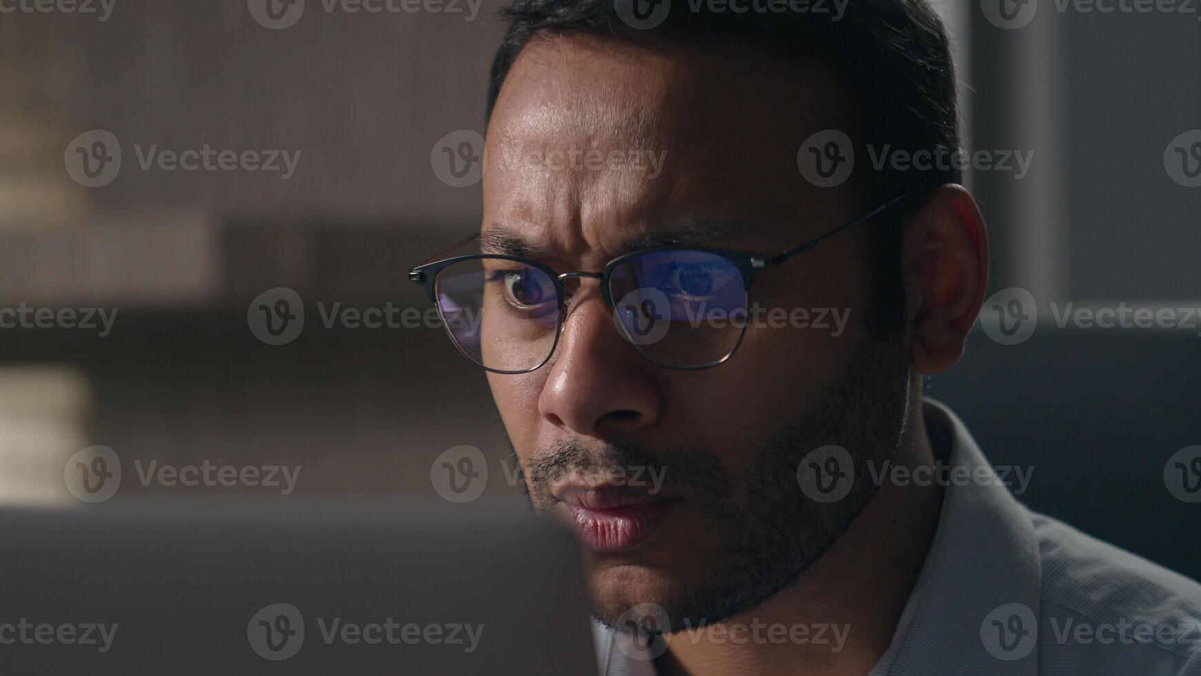 Indian shocked stressed amazed bad wonder businessman shock Arabian man American confused worker employer looking with big eyes in laptop computer screen afraid scare negative office business failure photo