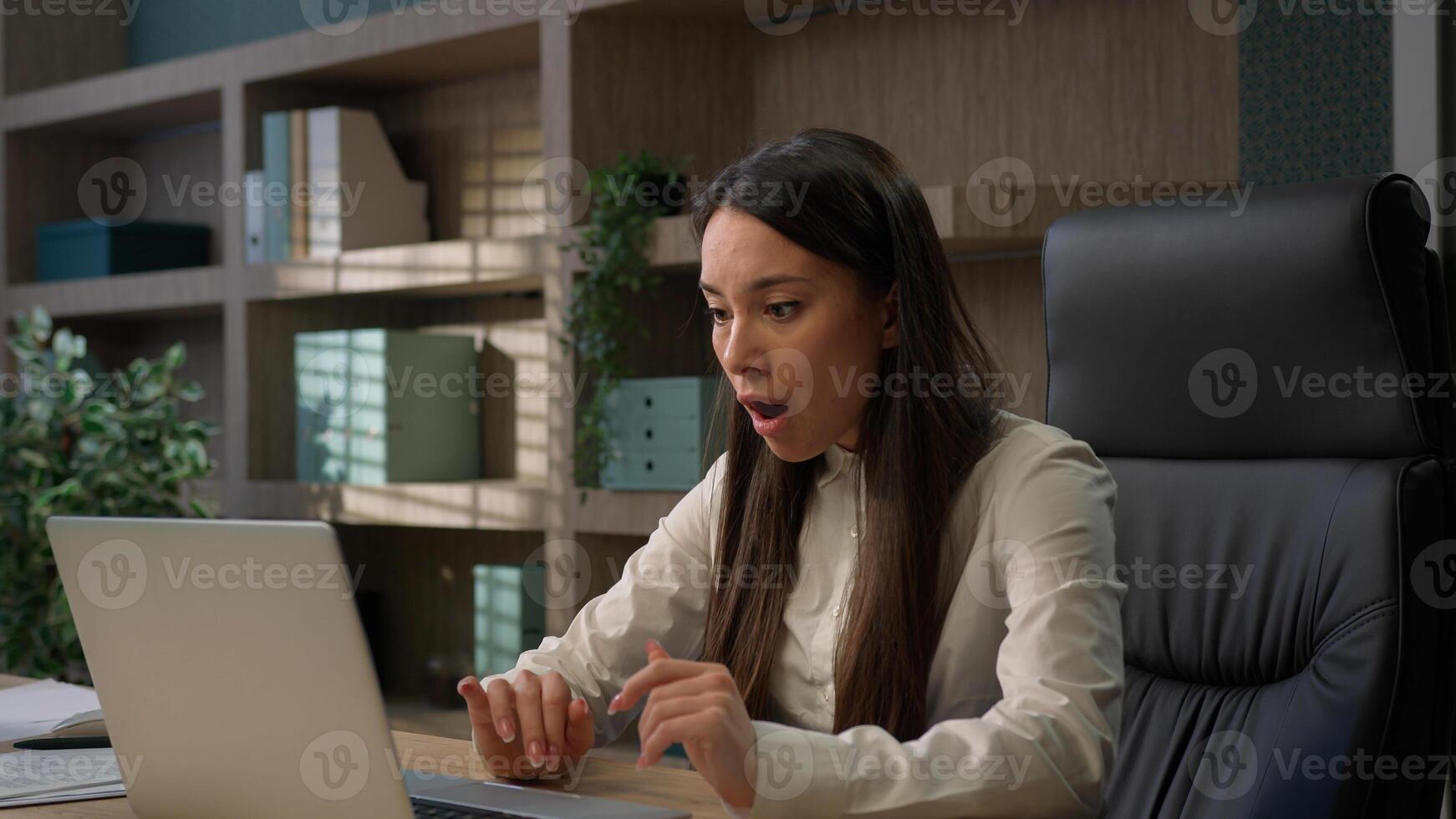 Caucasian business woman working on laptop feel stressed about system virus shocked girl businesswoman computer failure trouble important data loss outraged with website mistake malware loosing error photo