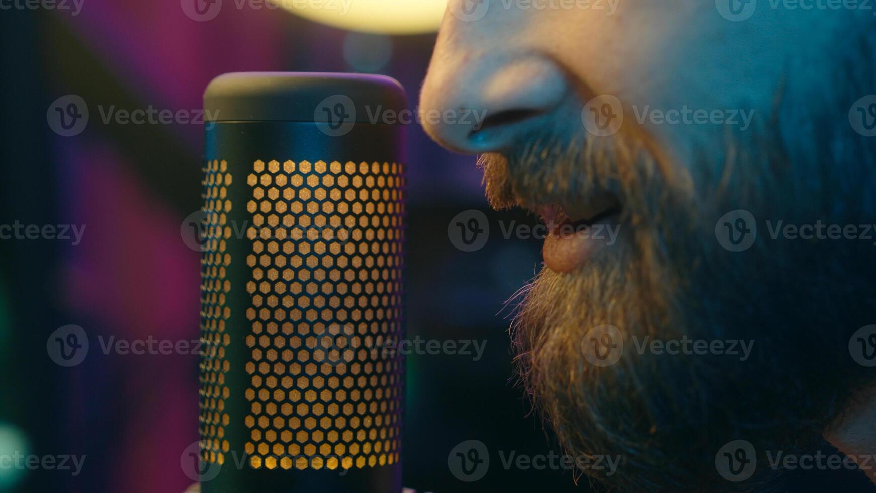 Unrecognizable smiling Caucasian man close up gamer influencer streamer cyber sport talking microphone tech mic at home stream broadcast radio male discussing blog guy blogger communicate vlog addict photo