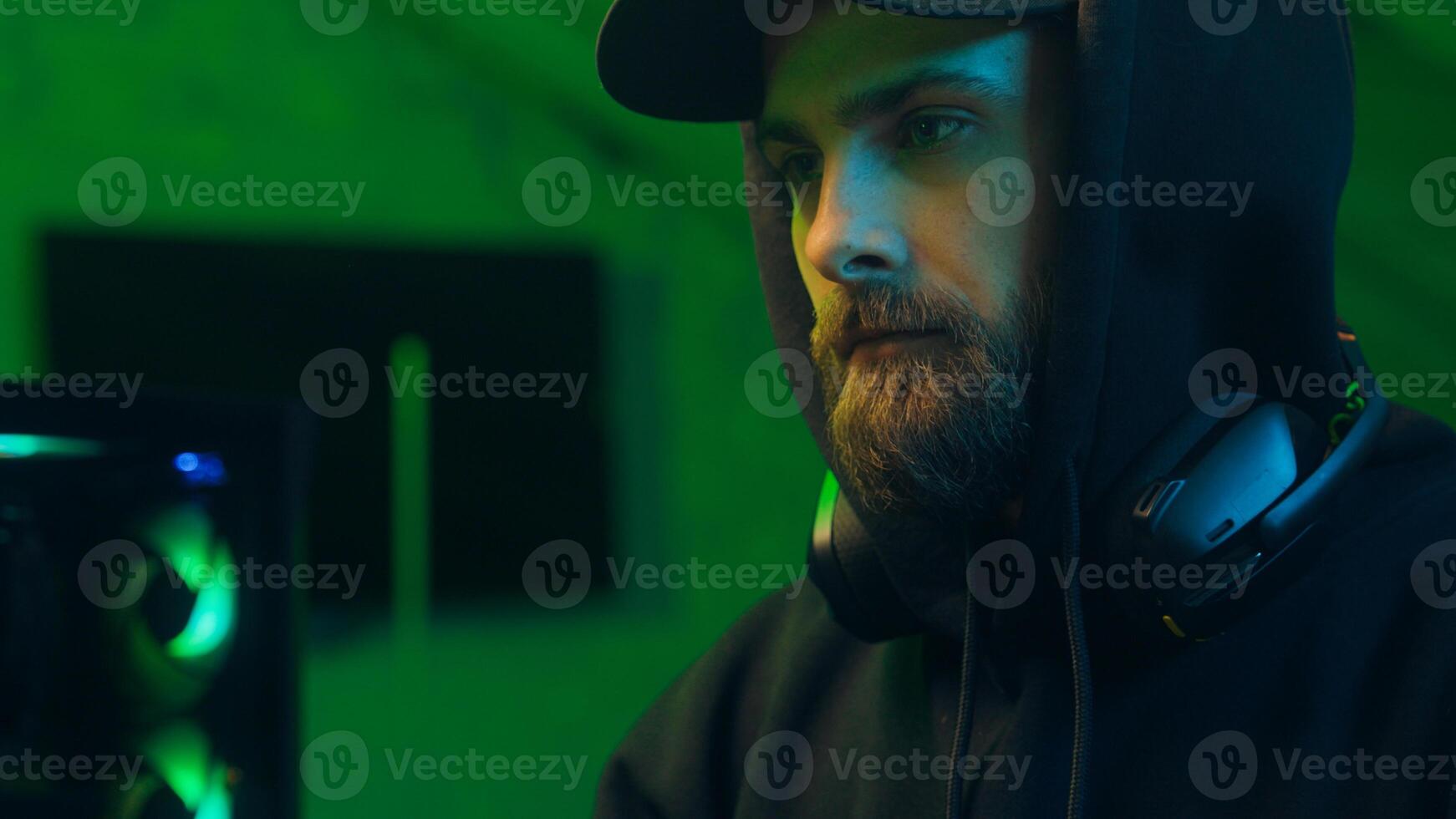Thoughtful programmer man typing code computer thinking male guy technology working internet connect cyberspace hacker network web user system website browser broadcast professional pc language server photo