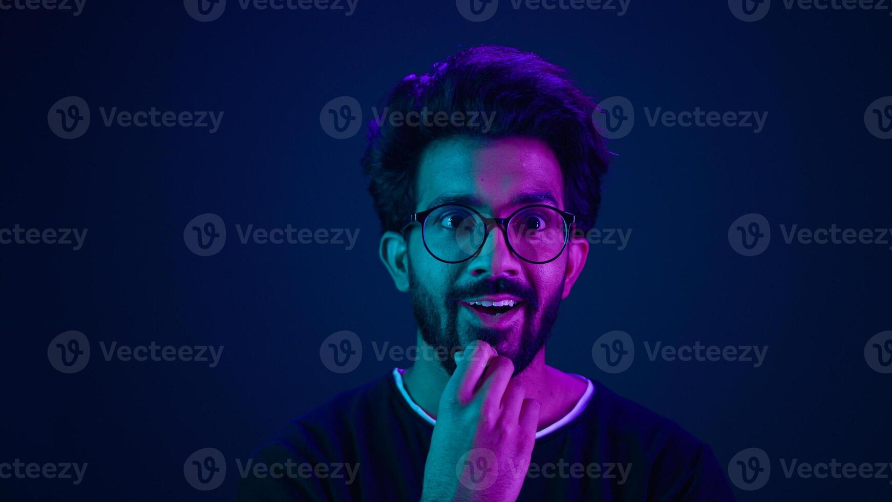 Infographic hologram editing template ultraviolet background Arabian man hi-tech internet technology worker thinking coder programmer coding touch air space like virtual screen click icon text file photo