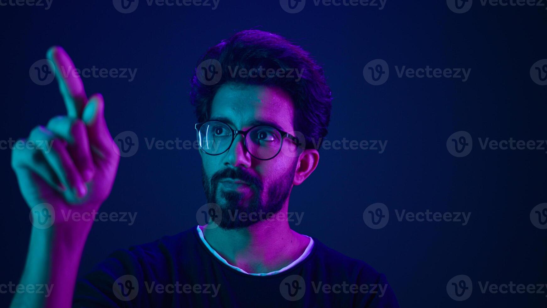 Infographic hologram backdrop template ultraviolet neon background pensive man hi-tech programmer engineer touch air space futuristic user interface HUD digital cyber technology virtual screen icon photo