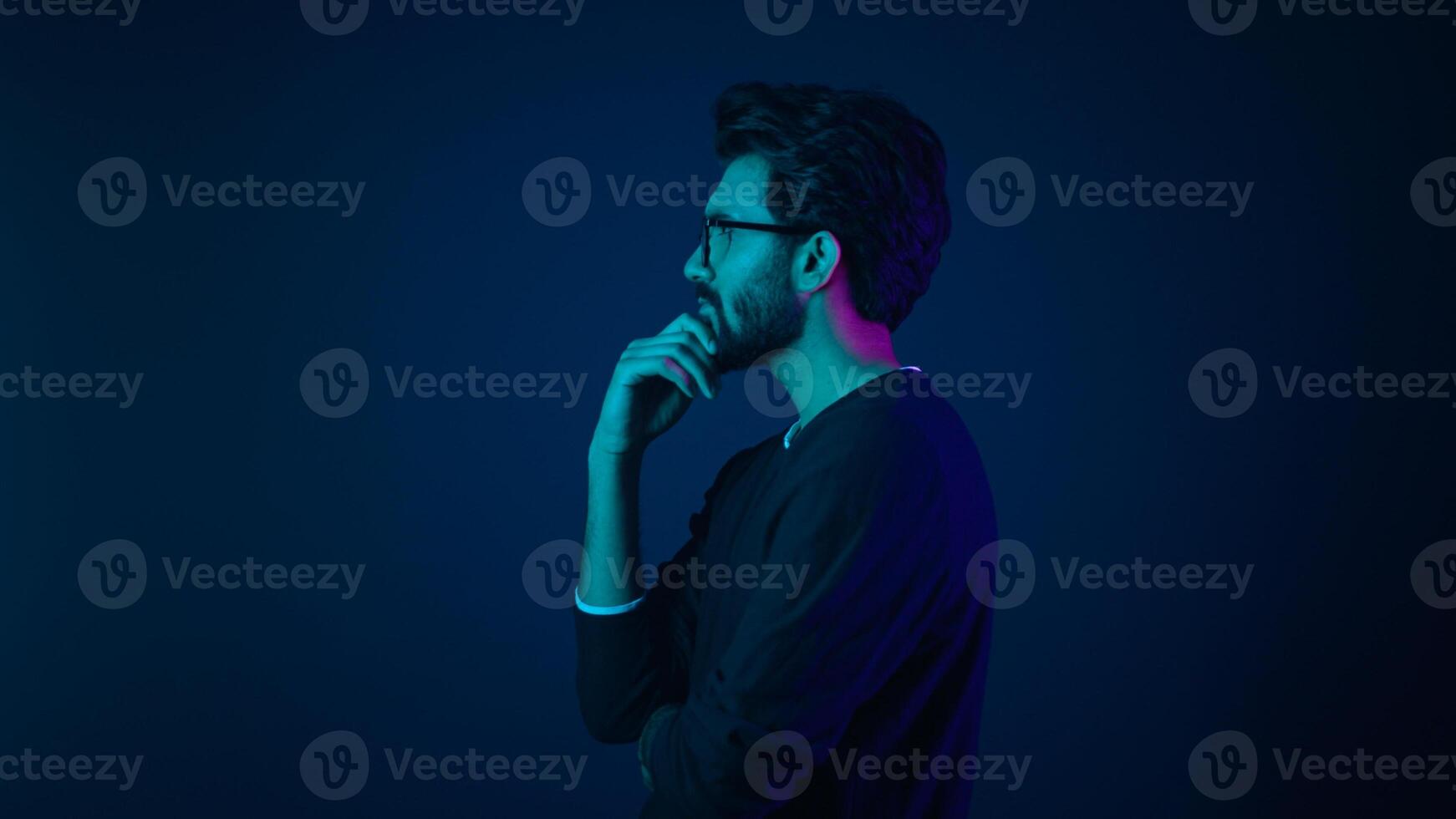 Infographic hologram editing template ultraviolet background Arabian man hi-tech internet technology worker thinking coder programmer coding touch air space like virtual screen click icon text file photo