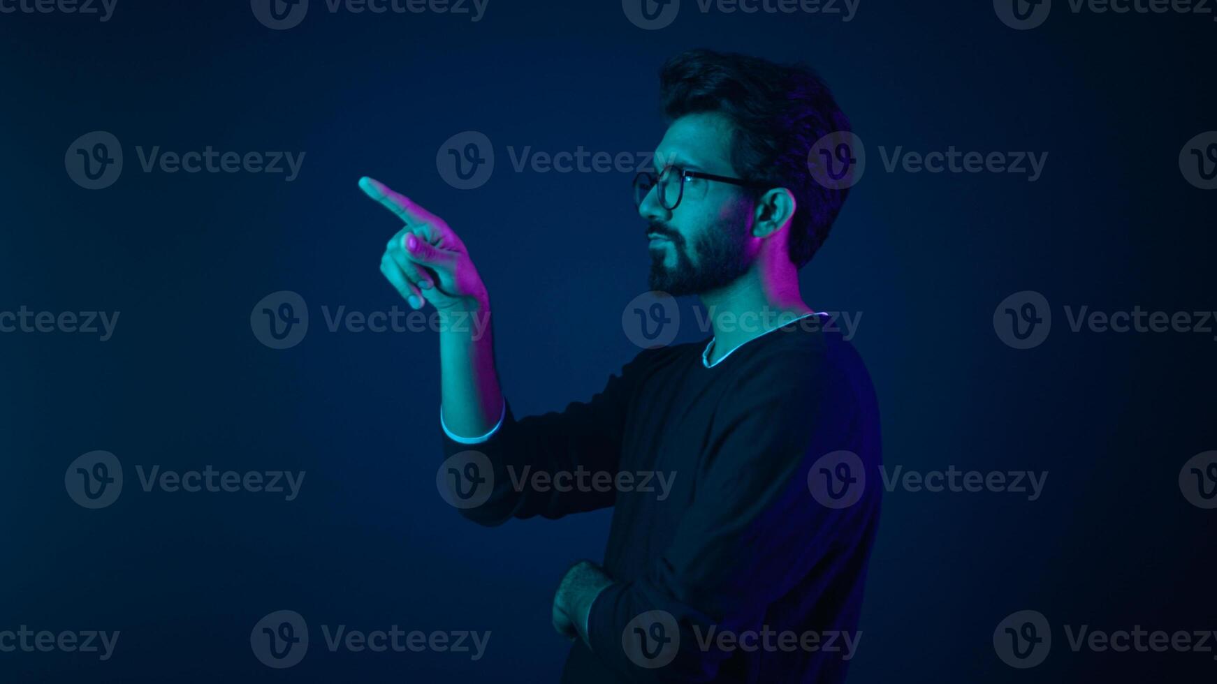 Infographic hologram backdrop template ultraviolet neon background pensive man hi-tech programmer engineer touch air space futuristic user interface HUD digital cyber technology virtual screen icon photo