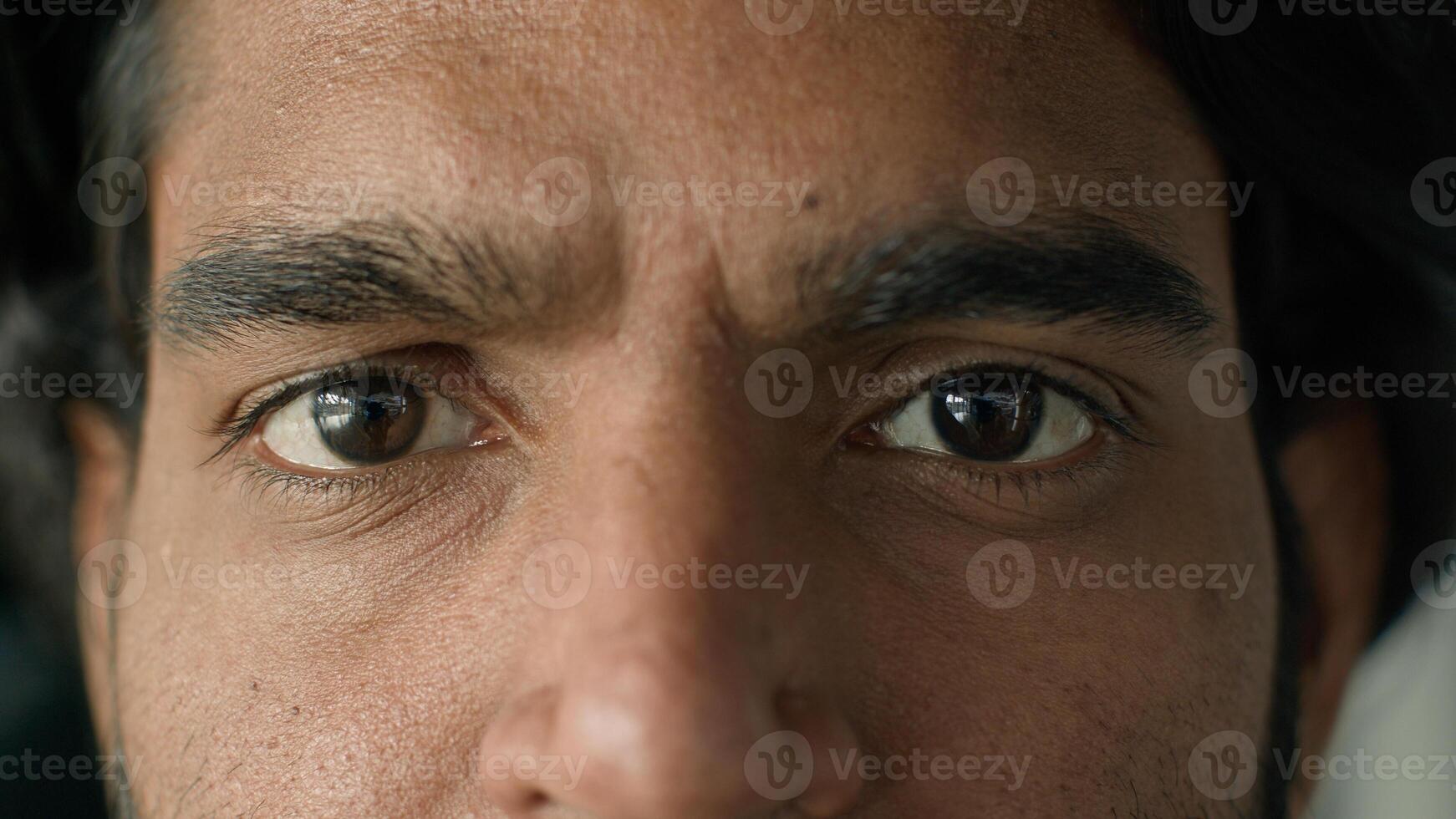 Extreme macro close-up view part male face brown eyes serious unhappy ethnicity man looking at camera eyesight problem ophthalmic surgery laser vision correction ophthalmology service lenses concept photo