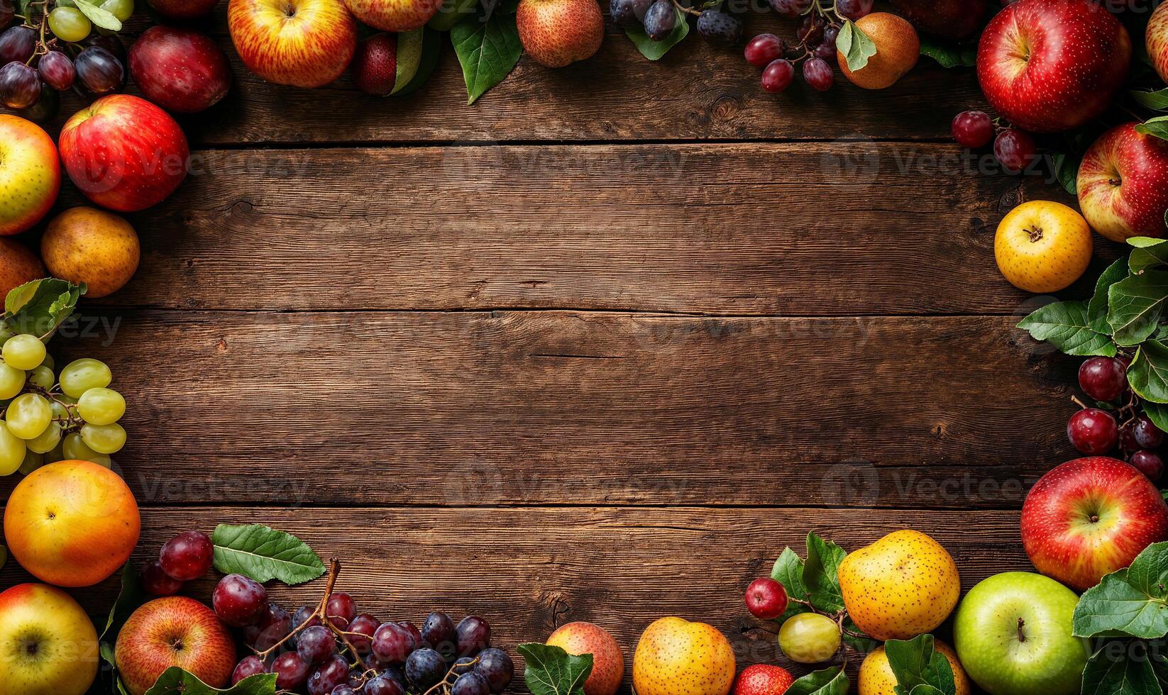 Empty wooden table with different fruits and berries, frame top view with copy space photo