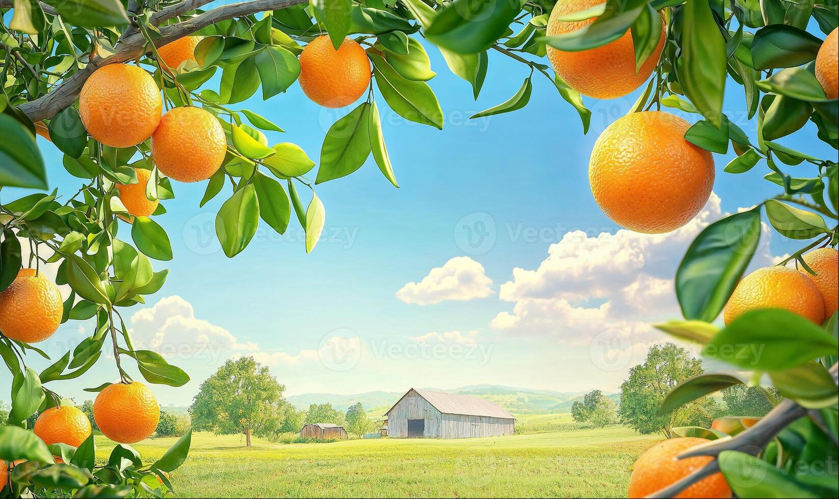 Frame made of orange fruits branches, rural landscape background with copy space photo