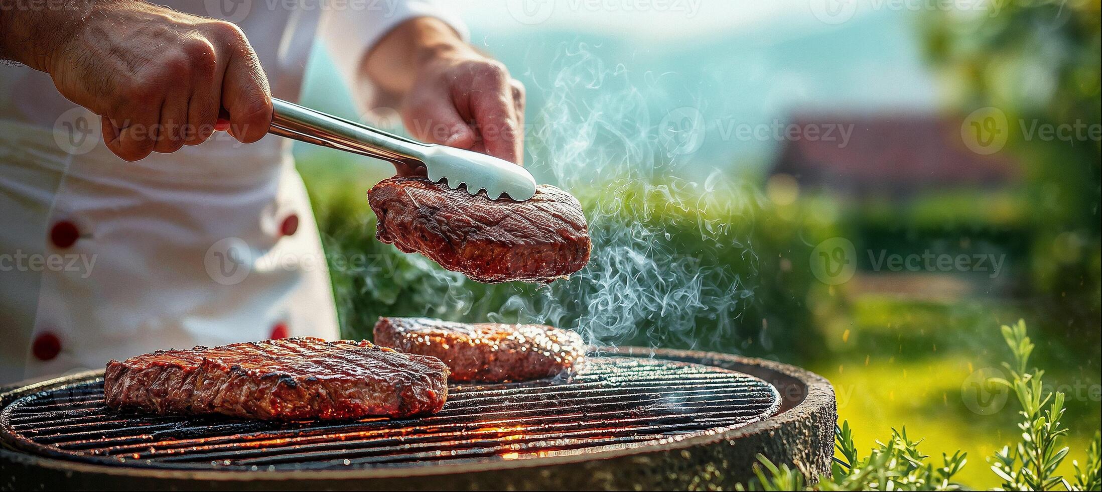 Chef holding steak with meat tongs over flaming grill, close-up, backyard in the background, copy space photo