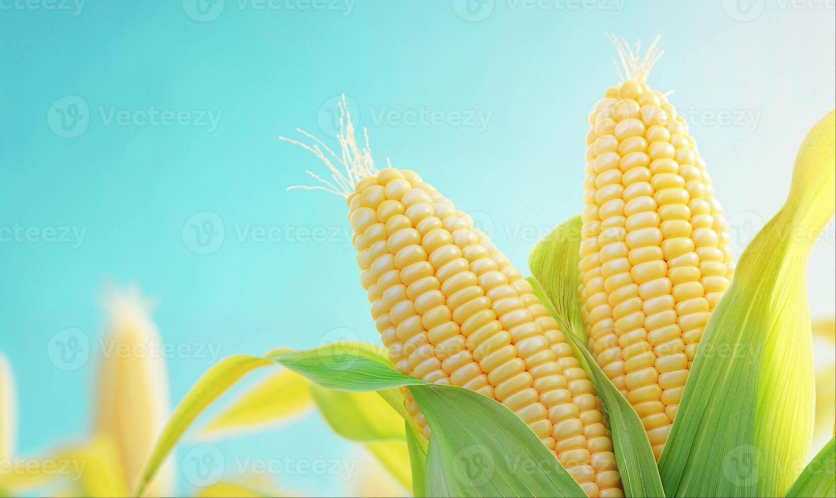Corn cobs close up, blurred corn field and blue sky background with copy space photo