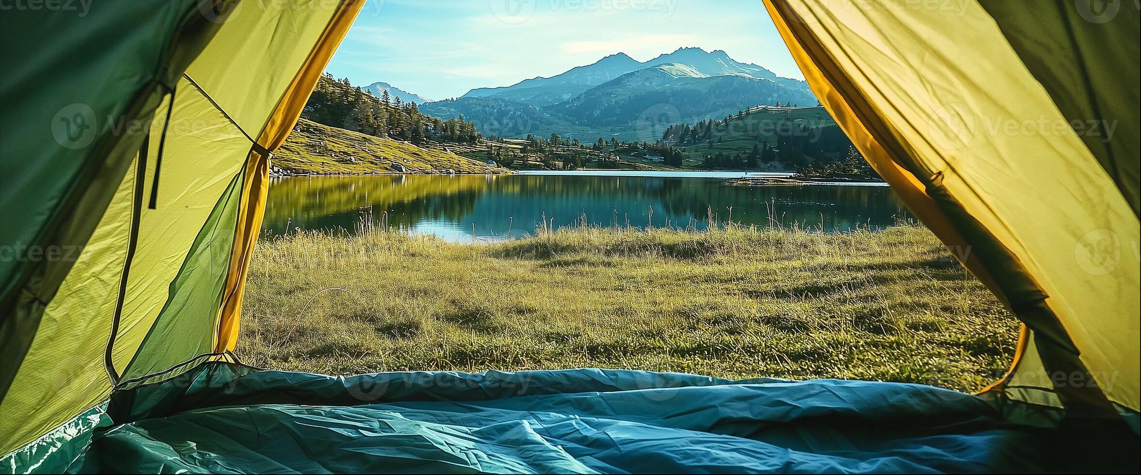 Tourist tent at campsite, beautiful landscape with copy space, view from inside photo