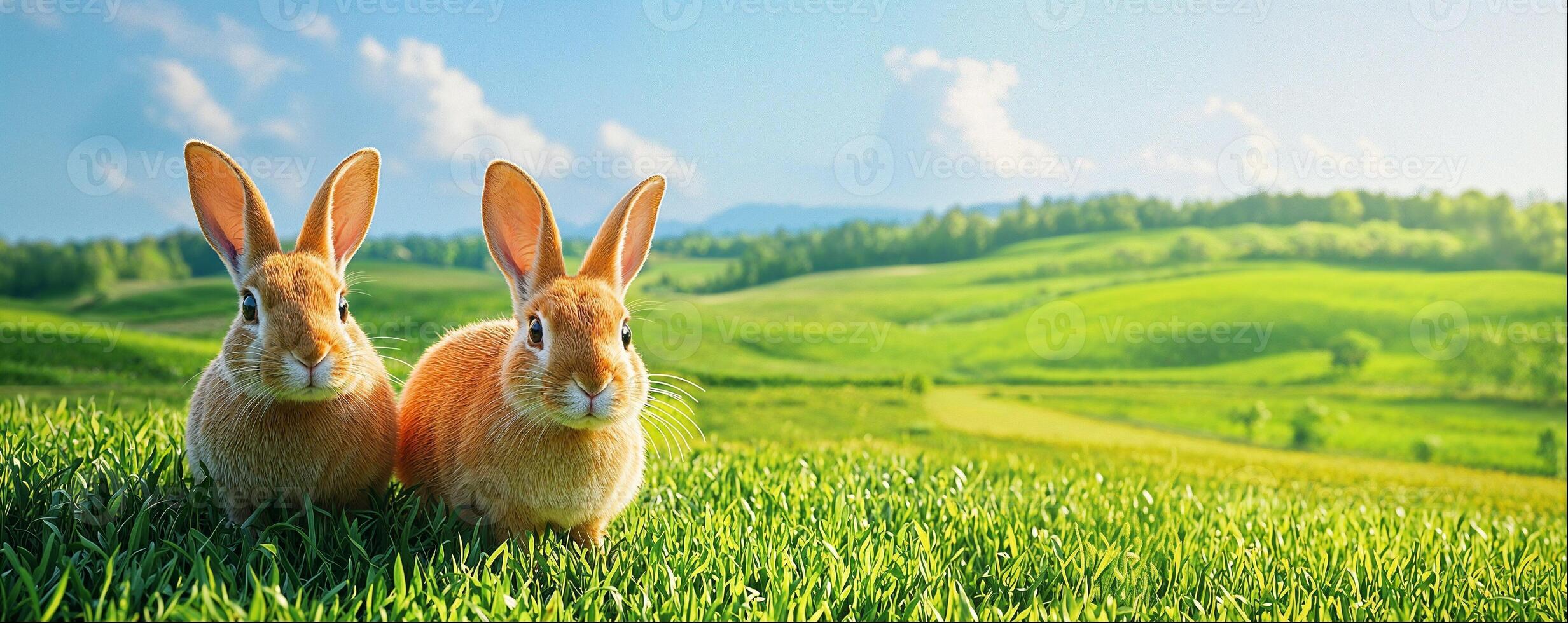 Two cute rabbits on green meadow, rural farm landscape background with copy space photo