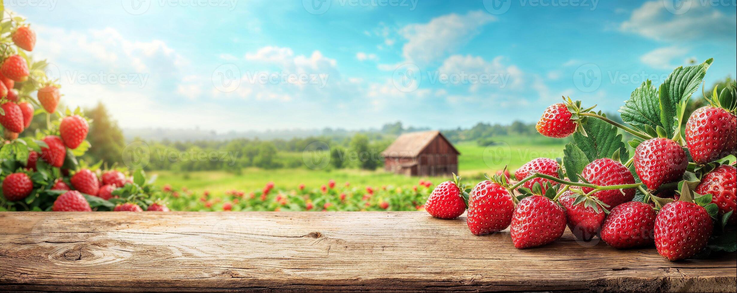 Strawberry on wooden table, blurred garden background with copy space photo