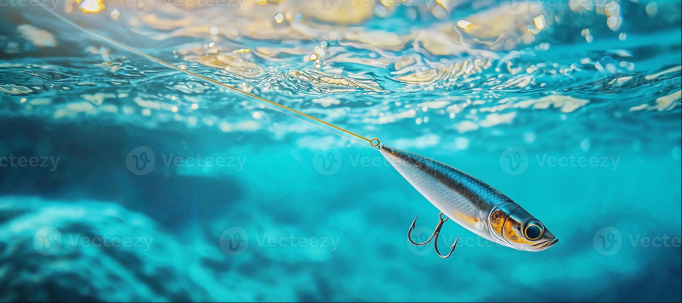 Fishing bait, fishing lure with a hook close-up in clear sea water with empty space for your advertising text photo