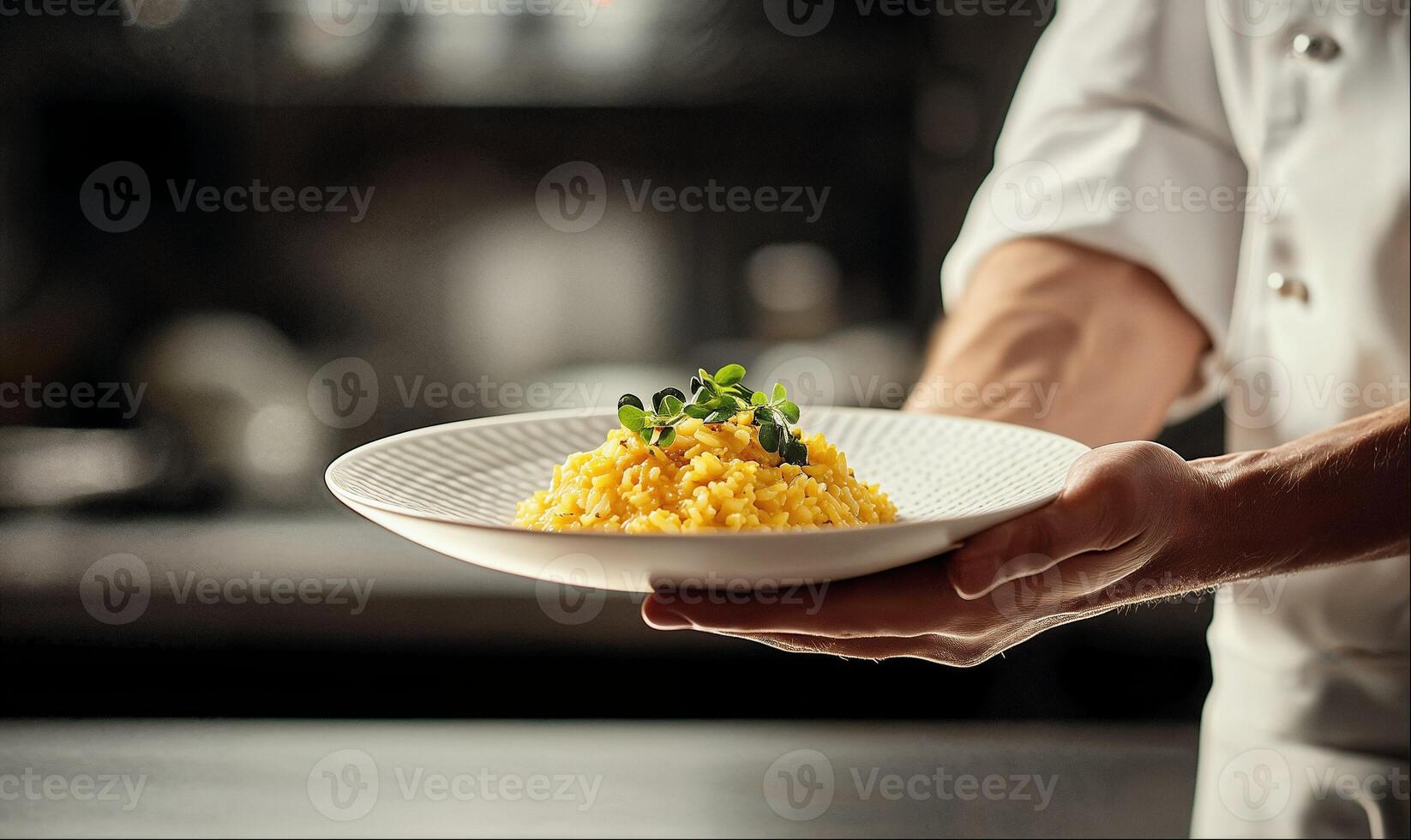 Chef holding plate of risotto, close-up, dark background of luxury restaurant and copy space for your ad text photo