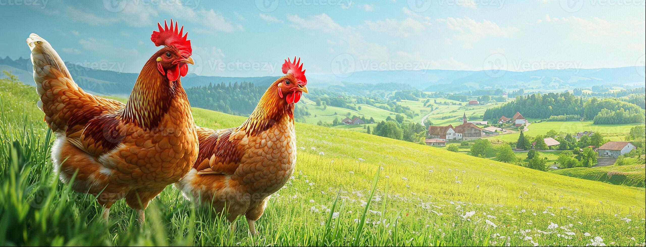 Two chickens on green meadow, rural farm landscape background with copy space photo