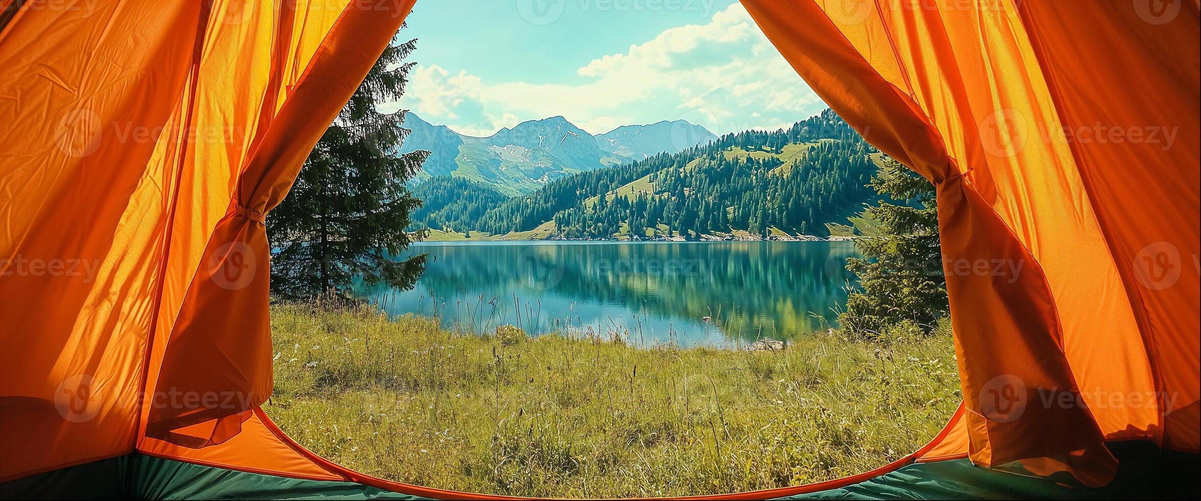 Tourist tent at campsite, beautiful landscape with copy space, view from inside photo