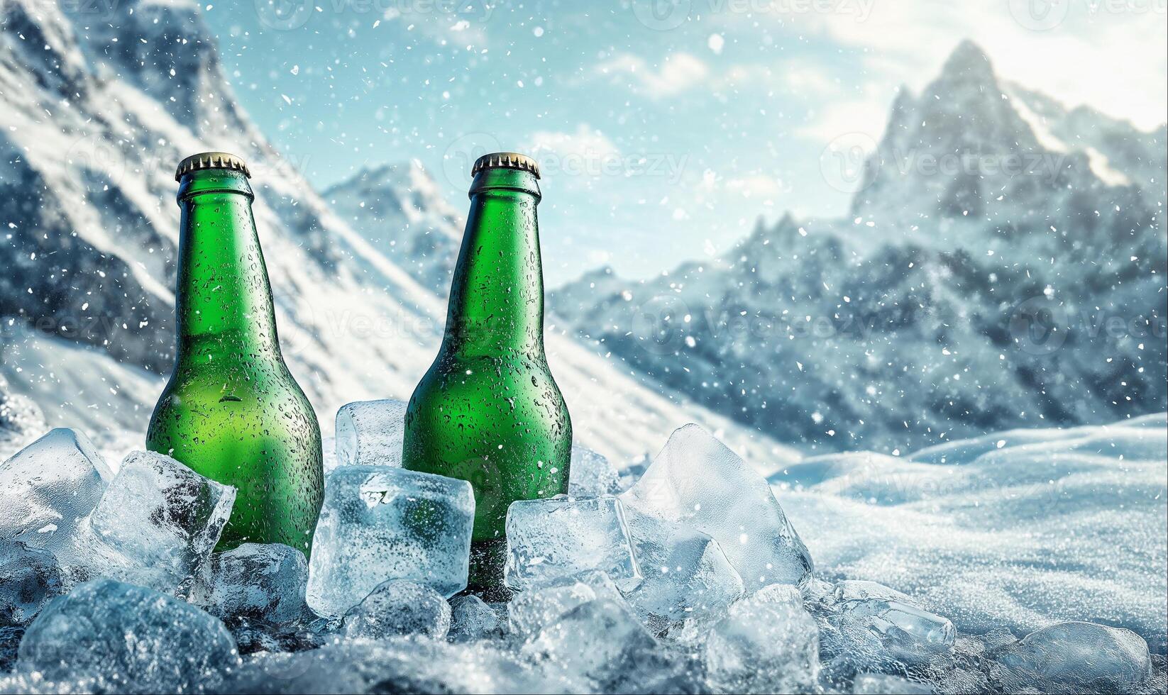 Two green beer bottles on ice, snowy mountains background with copy space photo