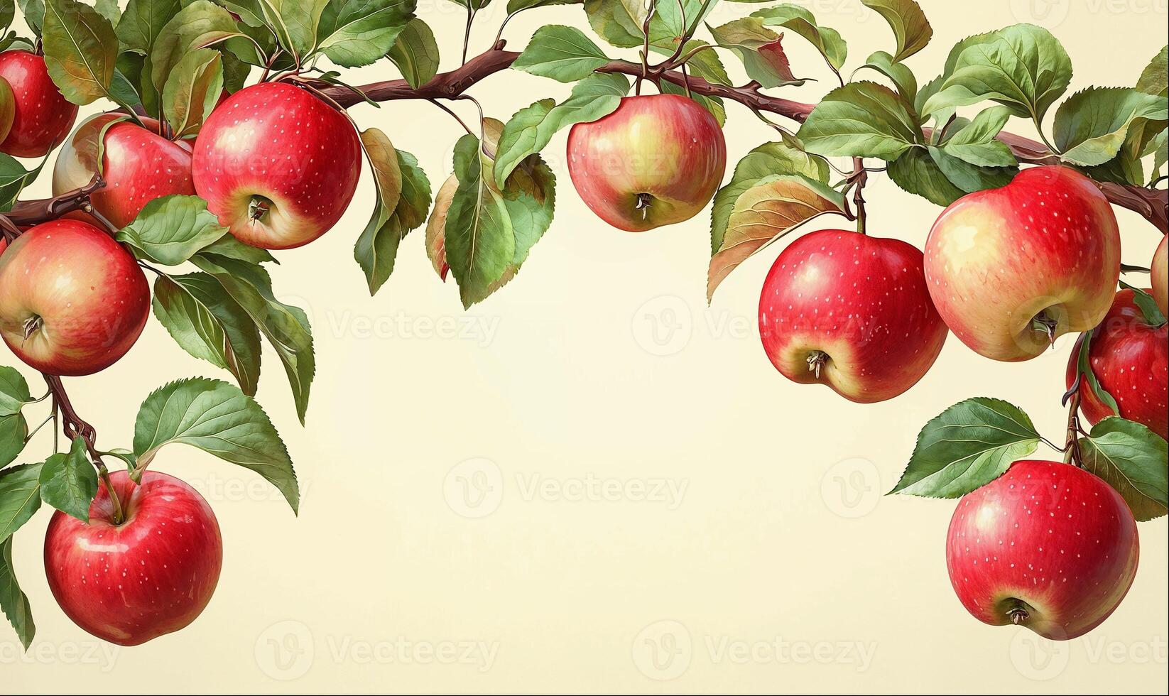 Frame made of apples on branches isolated on beige background with copy space photo