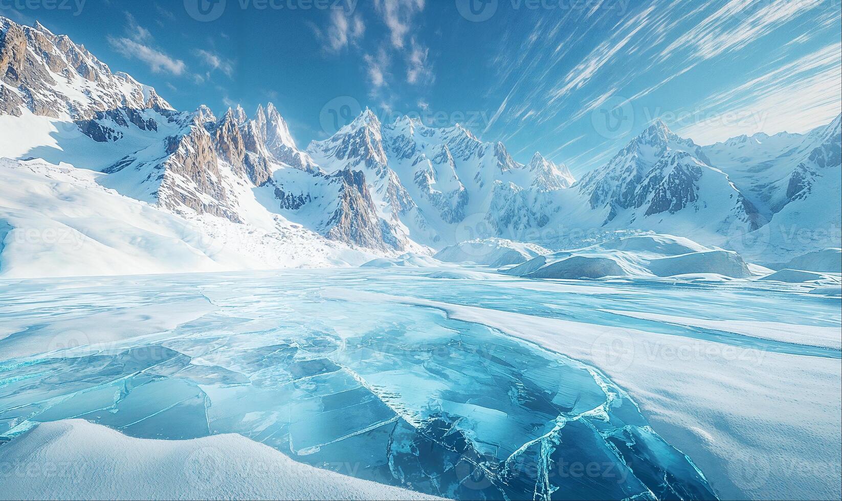 Empty ice surface, frozen mountain lake, winter mountains landscape with copy space photo