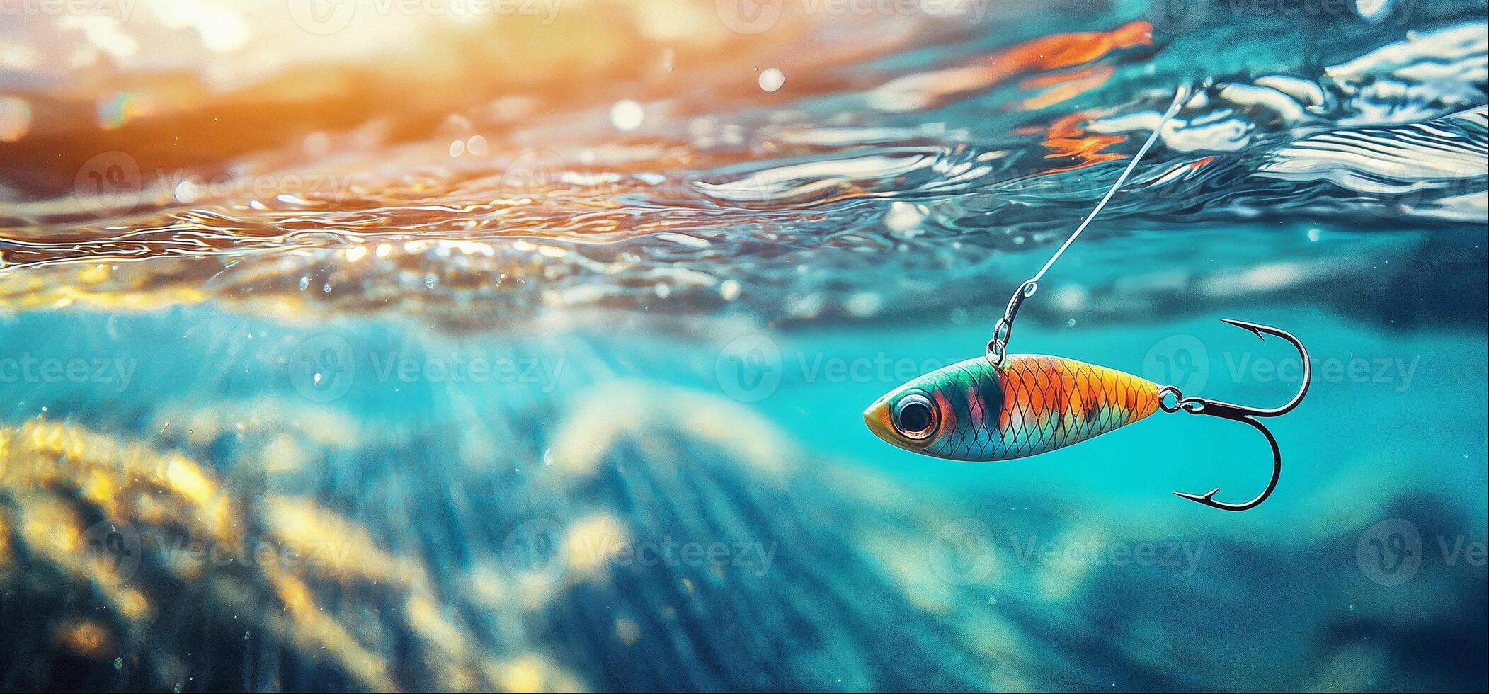 Fishing bait, fishing lure with a hook close-up in clear sea water with empty space for your advertising text photo