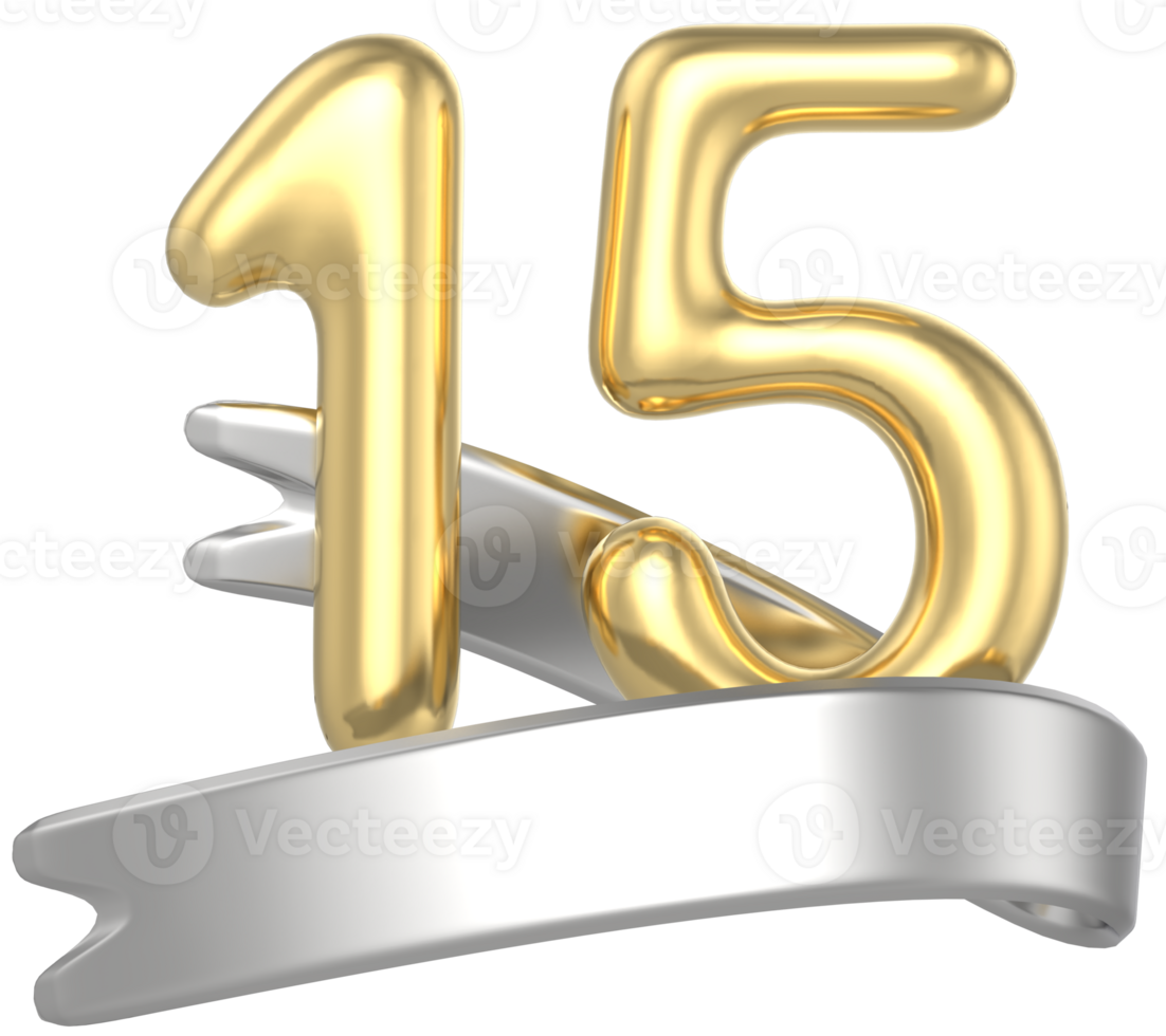 Happy Anniversary Number 15 Gold 3D Render png