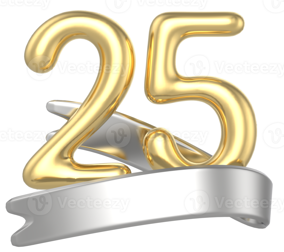 Happy Anniversary Number 25 Gold 3D Render png