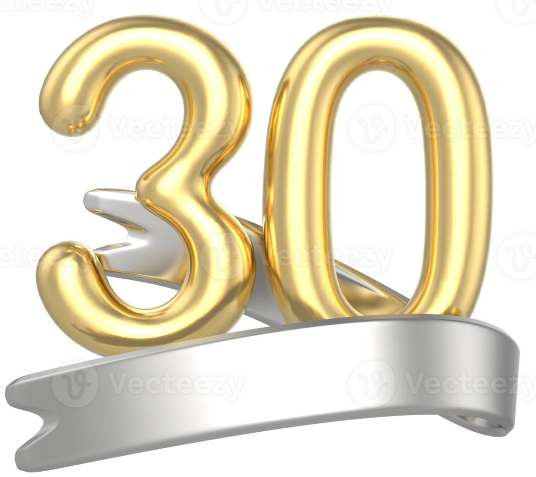 Happy Anniversary Number 30 Gold 3D Render png
