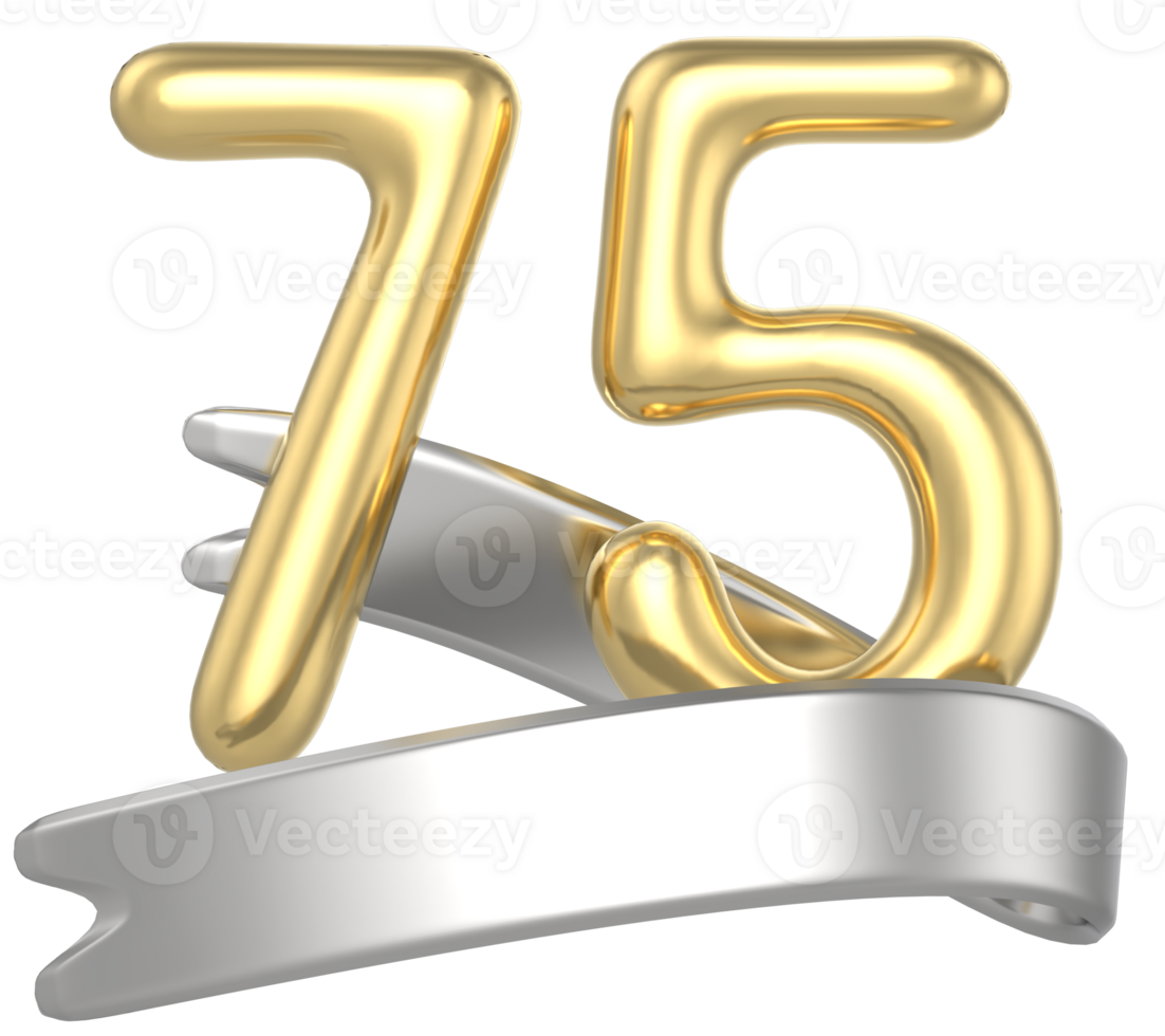 Happy Anniversary Number 75 Gold 3D Render png