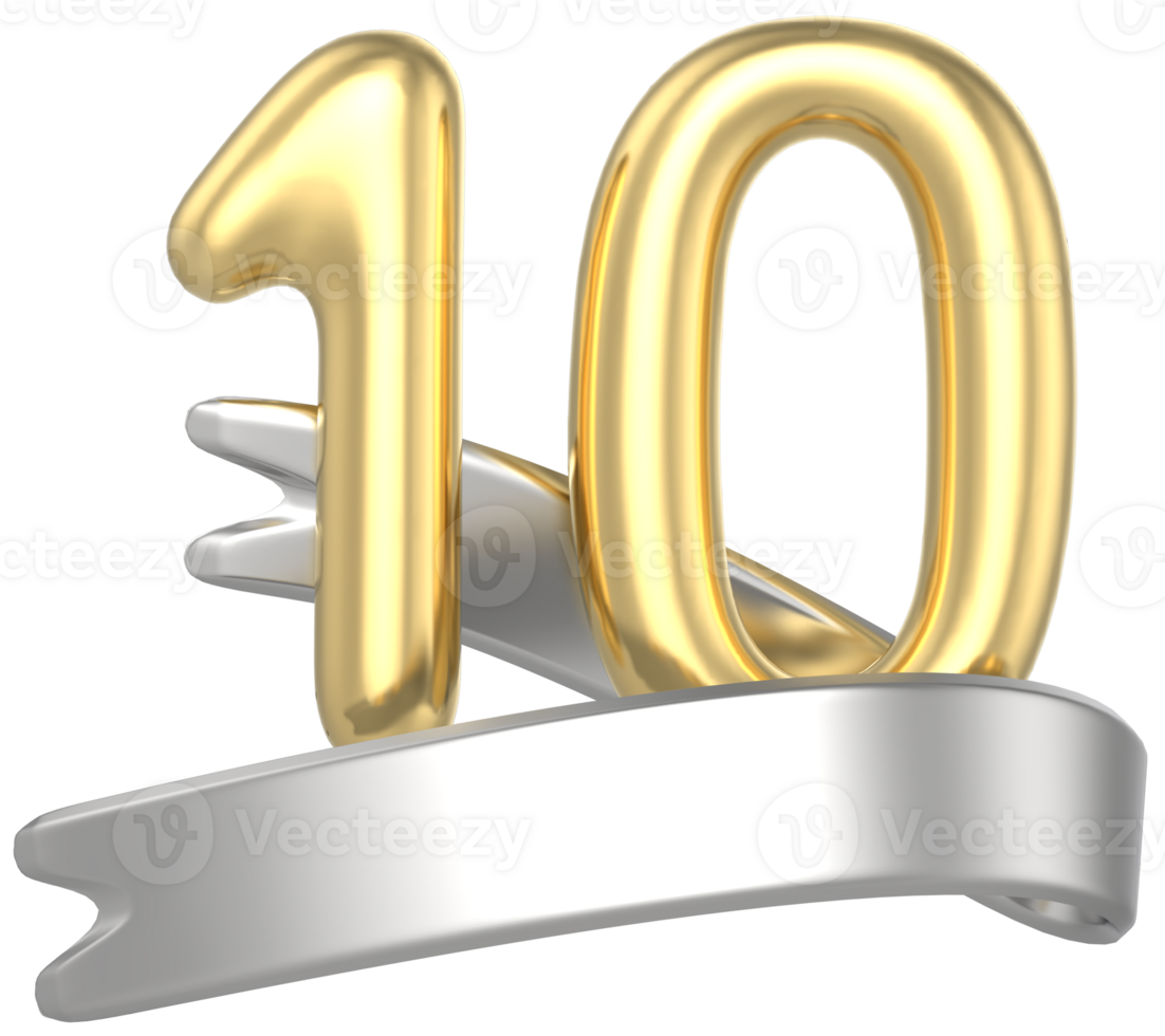 Happy Anniversary Number 10 Gold 3D Render png