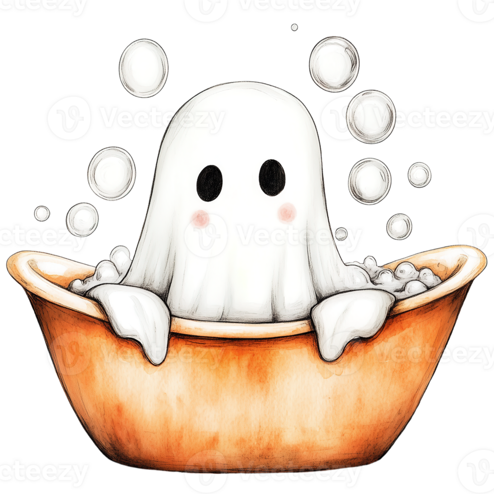 Whimsical Ghost Taking a Bubble Bath Surrounded by Soap Bubbles png