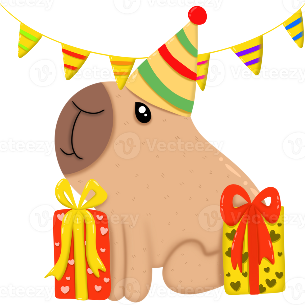 Capybara wears a birthday party hat with a gift box. png
