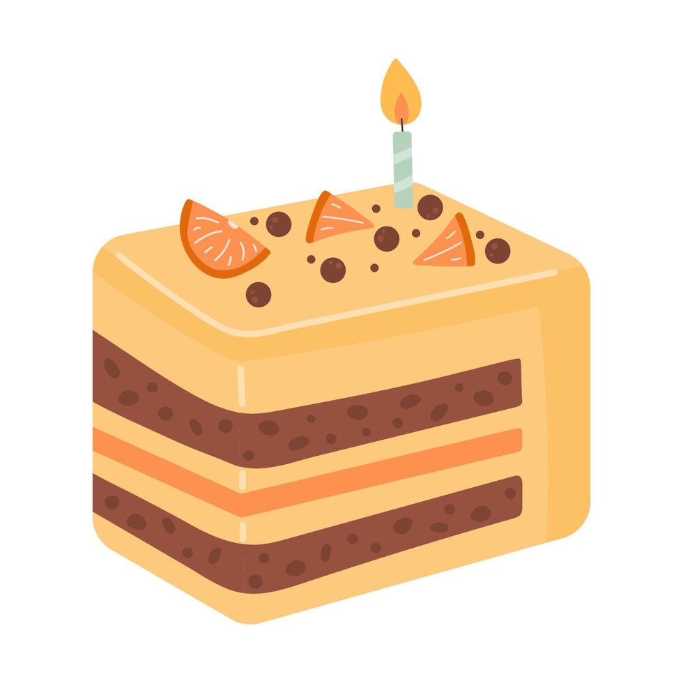 Birthday cake slice piece with topping and candles vector