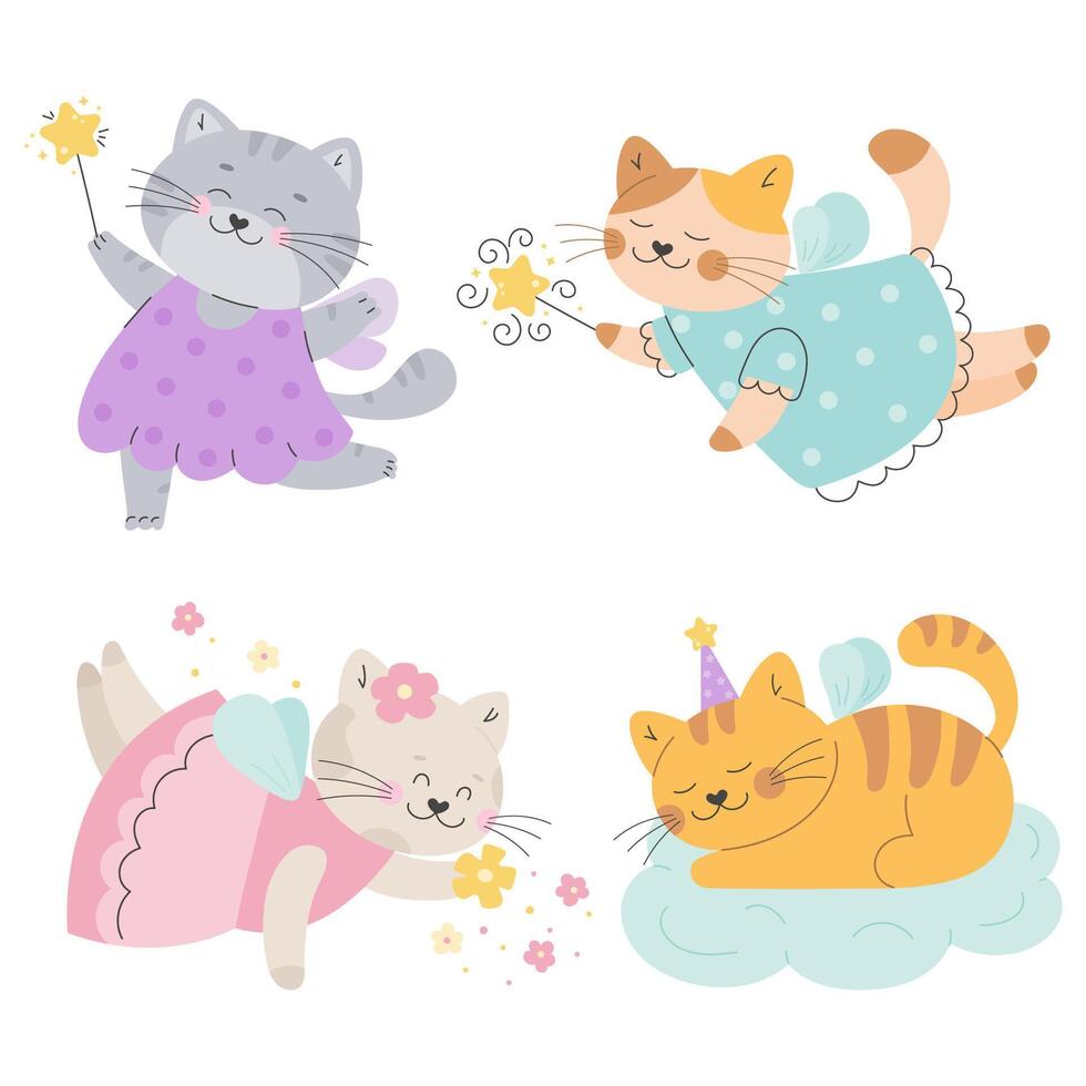 Fairy tale cats set with a magic elements vector