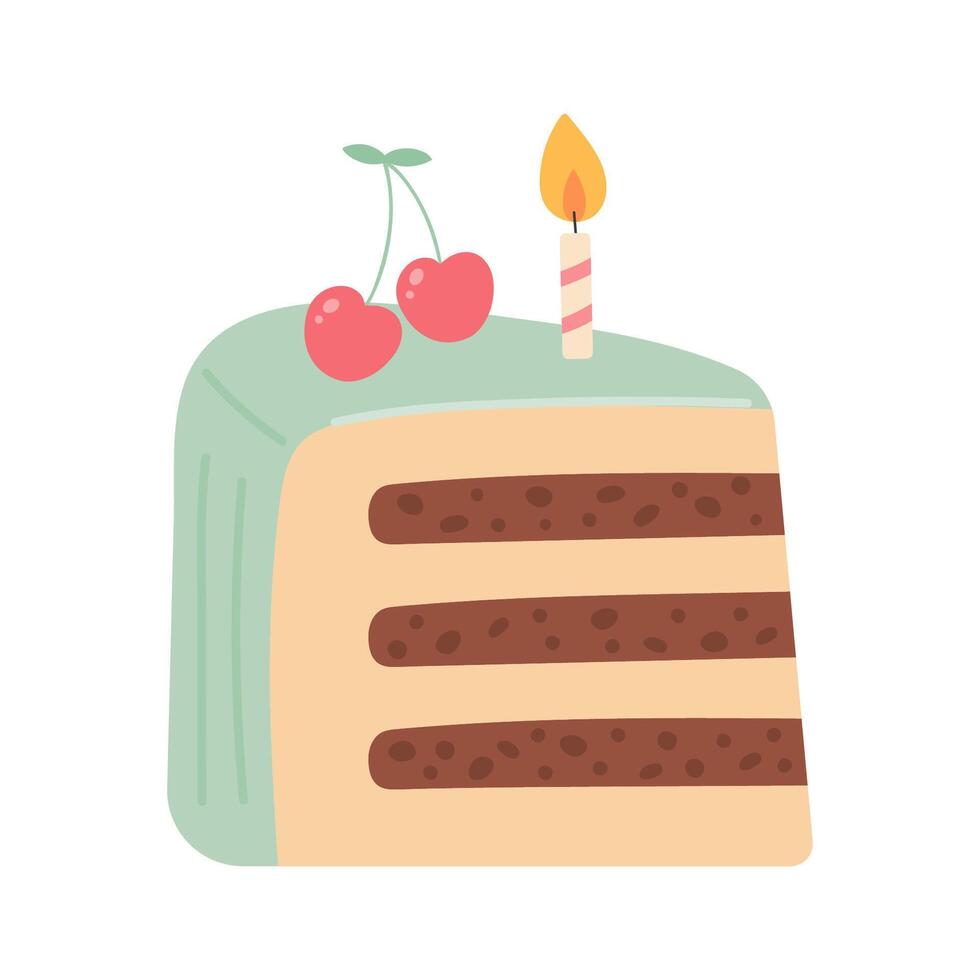 Bday cake slice piece with cherries and candles vector