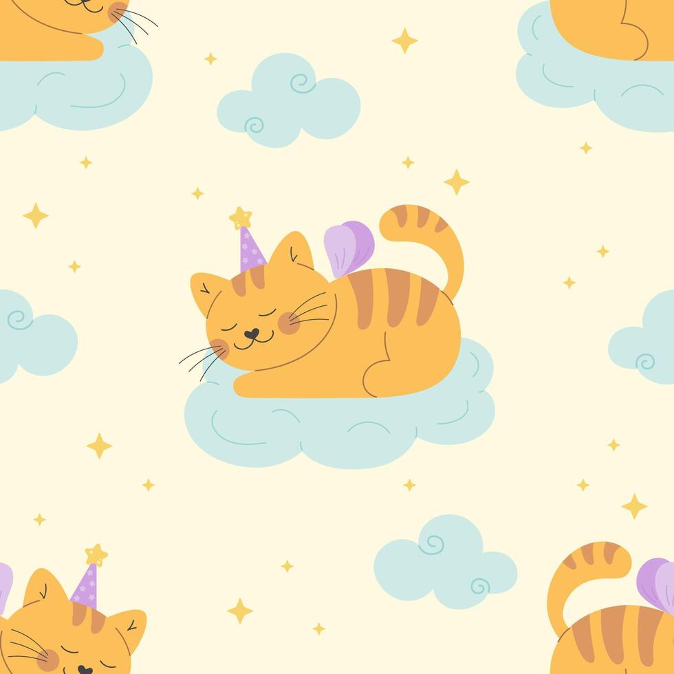 Fairy tale cat with wings on the cloud pattern vector