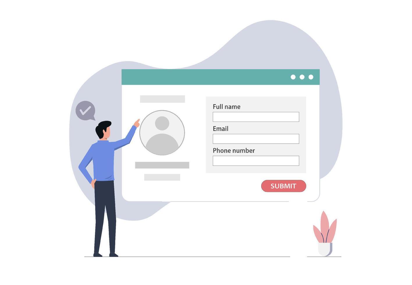 Form to register online data digital web or questionnaire. Registration to website online. Personal info text in application or contact with name, email and cellphone number vector