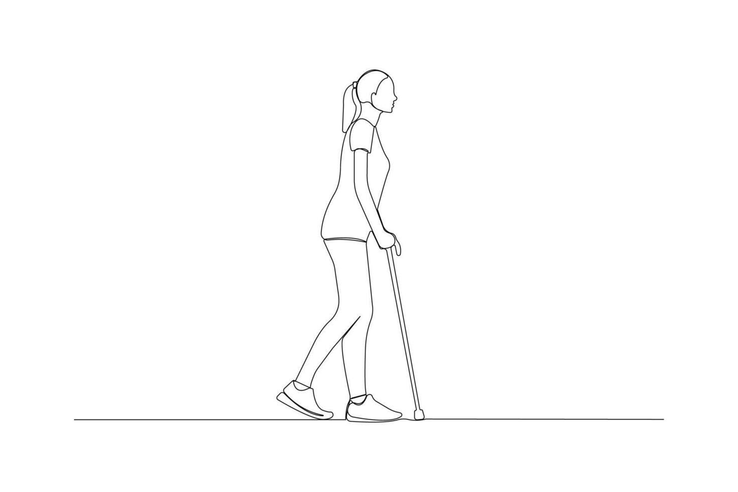 Blind woman walking with cane continuous one-line art drawing. vector