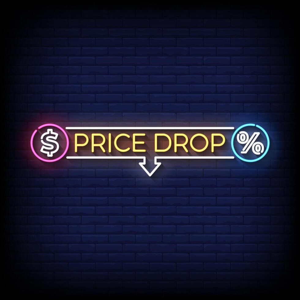 price drop neon sign with brick wall background vector