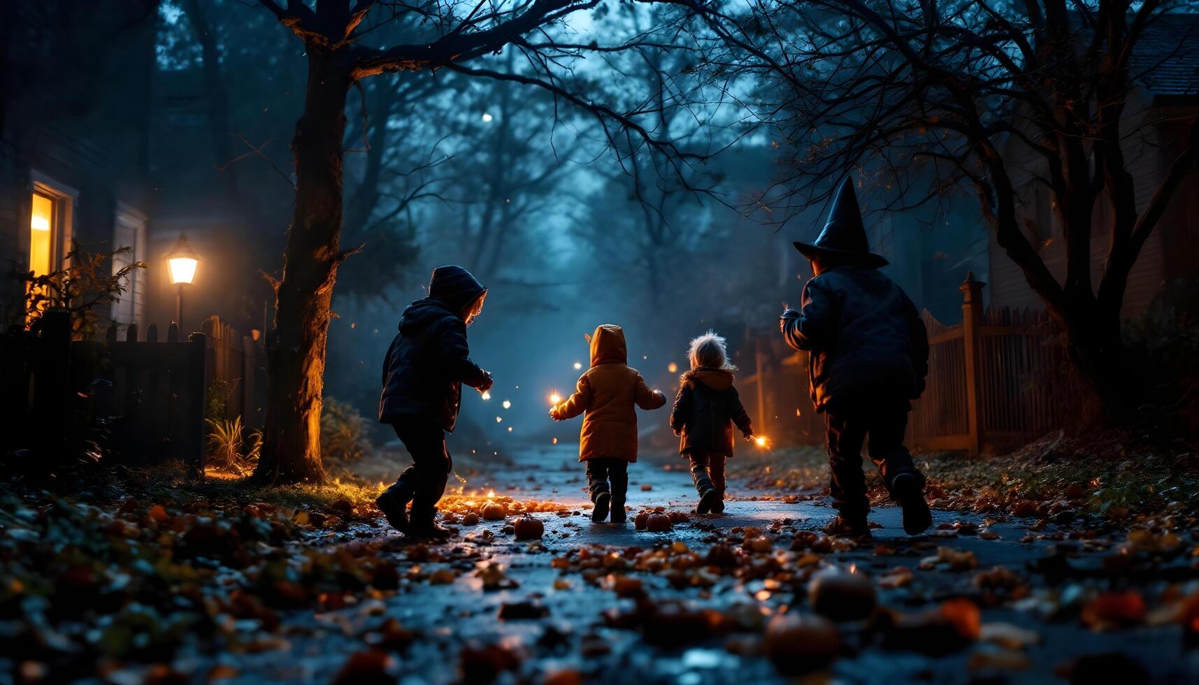 kids playing around in halloween night trough a dark neighborhood photo